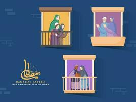 árabe caligrafia do Ramadã kareem com islâmico pessoas ou vizinhos às varandas em azul fundo. fique às casa para evita a partir de COVID-19. vetor