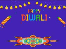 colorida feliz diwali texto com fogos de artifício foguetes, rangoli ou mandala padronizar e iluminação festão em tolet fundo. vetor