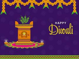 feliz diwali celebração conceito com tulsi plantador ou arco, aceso óleo lâmpadas e floral festão em roxa rangoli fundo. vetor