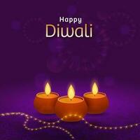 feliz diwali celebração poster Projeto com aceso óleo lâmpadas e iluminação festão em roxa fogos de artifício fundo. vetor