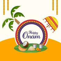 feliz onam celebração conceito com tradicional guarda-chuva, coco árvore, sadhya Comida em laranja e branco fundo. vetor