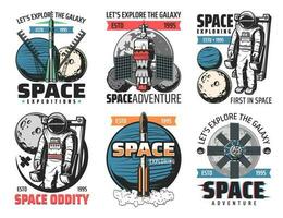 espaço explorando, astronautas missão vetor ícones