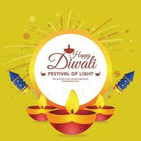 feliz diwali cumprimento ilustração com queimando diya para festival do luzes em diwali feriado fundo vetor