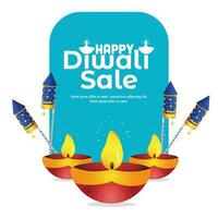 vetor ilustração ou cumprimento cartão do diwali festival com diya óleo luminária e fogo de artifício foguete diwali elementos, diwali oferta, diwali especial oferta fundo.