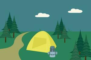 ilustração do ao ar livre acampamento cena com barraca, caminhada julgamento, acampamento saco e dormindo saco com natureza fundo. vetor
