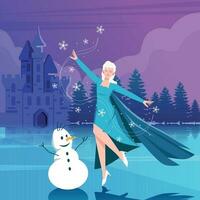 menina dentro azul vestir dançando em gelo com uma boneco de neve vetor