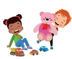 uma Garoto e menina jogando com brinquedo carros e 1 menina é jogando com uma Rosa Urso de pelúcia urso. vetor