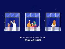 muçulmano pessoas ou vizinhos às sacada em a ocasião do Ramadã mubarak, fique às casa para evita a partir de COVID-19. vetor