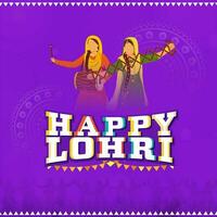 adesivo estilo feliz Lohri Fonte com punjabi jovem mulheres jogando dhol, sapeca instrumento em roxa mandala padronizar fundo. vetor
