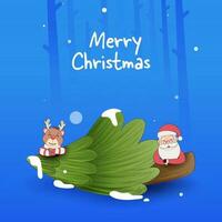 alegre Natal poster Projeto com fofa santa Papai Noel, rena e natal árvore em azul fundo. vetor