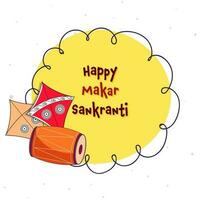 feliz Makar Sankranti conceito com dois pipa, tradicional tambor em amarelo e branco fundo. vetor