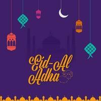 eid-al-adha Fonte com linha arte ovelha, lanternas, crescente lua e ketupat aguentar em roxa silhueta mesquita fundo. vetor