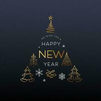 desejando você uma feliz Novo ano mensagem com dourado linha arte natal árvore coleção, flocos de neve em Sombrio cinzento fundo. vetor