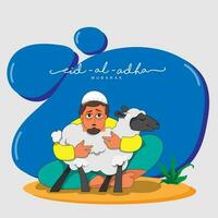 eid-al-adha Mubarak conceito com muçulmano jovem homem segurando desenho animado ovelha sobre azul e cinzento fundo. vetor