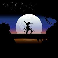 ilustração vetor gráfico do samurai Treinamento às noite em uma cheio lua. perfeito para papel de parede, poster, etc. ilustração vetor estilo, colorida Visão fundo, 1 pedaço, roronoa zoro
