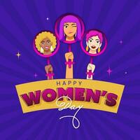 feliz mulheres dia poster Projeto com mãos segurando acima fêmea gênero símbolo em roxa raios fundo. vetor