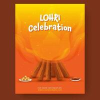 Lohri celebração folheto Projeto com fogueira, doces, amendoim chikki em laranja e amarelo fundo. vetor