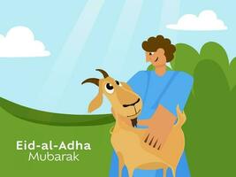 eid-al-adha Mubarak conceito com islâmico jovem Garoto segurando bode em azul e verde natureza fundo. vetor
