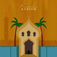 Ramadã kareem conceito com mesquita visualizar, Palma árvores em Castanho e azul textura fundo. vetor
