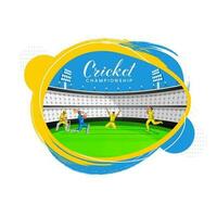 Grilo campeonato conceito com jogador de críquete jogadoras dentro açao pose e amarelo e azul escova estádio Visão em branco fundo. vetor