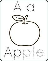 carta aa, maiúscula e minúsculas, fofa crianças coloração a maçã, abc alfabeto rastreamento prática planilha do a maçã para crianças Aprendendo Inglês vocabulário e caligrafia vetor ilustração