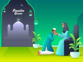Ramadã kareem conceito com muçulmano homem se beijando dele mãe mão às sofá e silhueta mesquita em gradiente verde e amarelo fundo. vetor