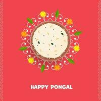 feliz pongal conceito com topo Visão do tradicional prato dentro tigela em rangoli vermelho fundo. vetor