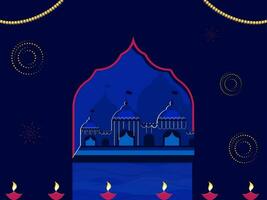 Ayodhya Visão ou têmpora azul fundo decorado com aceso óleo lâmpadas. vetor