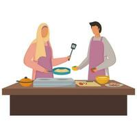 desenho animado muçulmano casal cozinhando juntos dentro cozinha visualizar. vetor