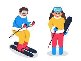 alegre esquiador Garoto e menina personagem em branco fundo. vetor