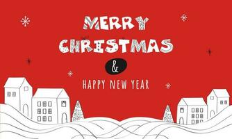 alegre Natal e feliz Novo ano Fonte com rabisco estilo casas, natal árvore e branco ondas em vermelho fundo. vetor