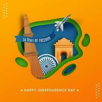 74 anos do liberdade, independência dia conceito com ashoka roda, lutador jato e famoso monumento em colorida sobreposição papel cortar fundo. vetor