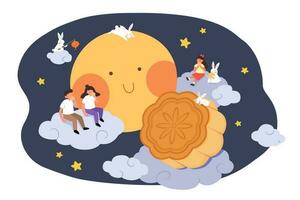 meio outono festival Projeto. plano ilustração do pessoas em nuvens assistindo cheio lua e comendo bolos lunares Como feriado celebrações vetor