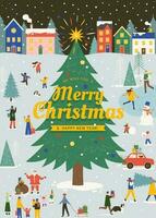 mão desenhado ilustração do pessoas tendo Diversão por aí uma enorme lindo Natal árvore. conceito do inverno panorama e feliz natal cidade. vetor