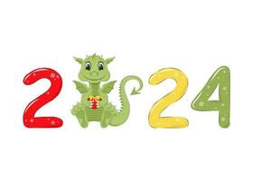 vetor ilustração do desenho animado fofa Dragão e engraçado cor número 2024 com uma presente caixa em Novo ano.