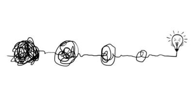 rabiscos de linha de rabisco. o conceito de transição de complicado para simples com lâmpada de bulbo, isolado no fundo branco. ilustrações vetoriais vetor
