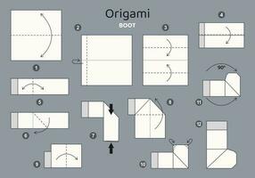 tutorial origami esquema com bota. isolado origami elementos em cinzento pano de fundo. origami para crianças. degrau de degrau quão para faço origami bota. vetor ilustração.