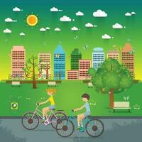 casal equitação bicicletas dentro público parque, ilustração, plano projeto, vetor
