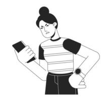 irritado mal humorado mulher olhando às telefone bw vetor local ilustração. aperto Smartphone 2d desenho animado plano linha monocromático personagem em branco para rede ui Projeto. editável isolado esboço herói imagem