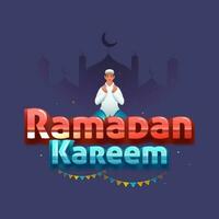 Ramadã kareem texto com muçulmano homem oferta namaz em tolet silhueta mesquita fundo. vetor