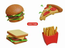3d Renderização. velozes Comida ícone conjunto em uma branco fundo. hambúrgueres, pizza, sanduíches, e francês fritas vetor
