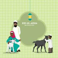 eid-al-adha Mubarak conceito com muçulmano família fazendo carinho cabras e lanterna aguentar em verde islâmico padronizar fundo. vetor