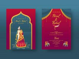 indiano Casamento convite cartão Projeto com casal personagem e local detalhes dentro frente e costas visualizar. vetor