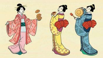três meninas dentro quimono segurando vermelho feijão bolos e gongo, ukiyo-e estilo ilustração vetor