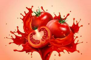 uma poderoso respingo do fresco tomate suco com todo e fatiado tomates em salmão Rosa fundo, Como elemento para Comida produtos ou beber de Anúncios, 3d ilustração vetor