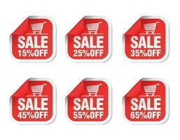 vermelho venda adesivos conjunto com fazer compras carrinho. venda 15, 25, 35, 45, 55, 65 fora desconto vetor