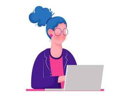mulher personagem trabalhando dentro computador portátil em branco fundo. vetor