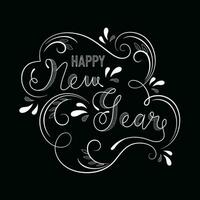 desenhando caligrafia do feliz Novo ano em Preto fundo. pode estar usava Como cumprimento cartão Projeto. vetor