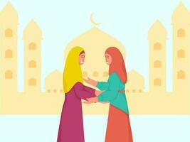 alegre jovem muçulmano mulheres cumprimento para cada de outros dentro frente do mesquita. vetor