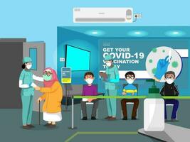 ilustração do pessoas vestindo mascarar com médico funcionários dentro hospital para covid-19 vacinação hoje conceito. vetor
